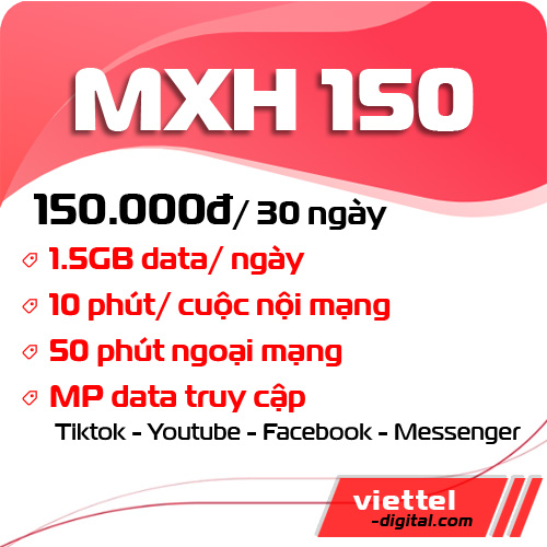 Đăng ký ngay gói cước MXH150 Viettel để được miễn phí data truy cập: Tiktok, Facebook, Youtube, Messenger...
